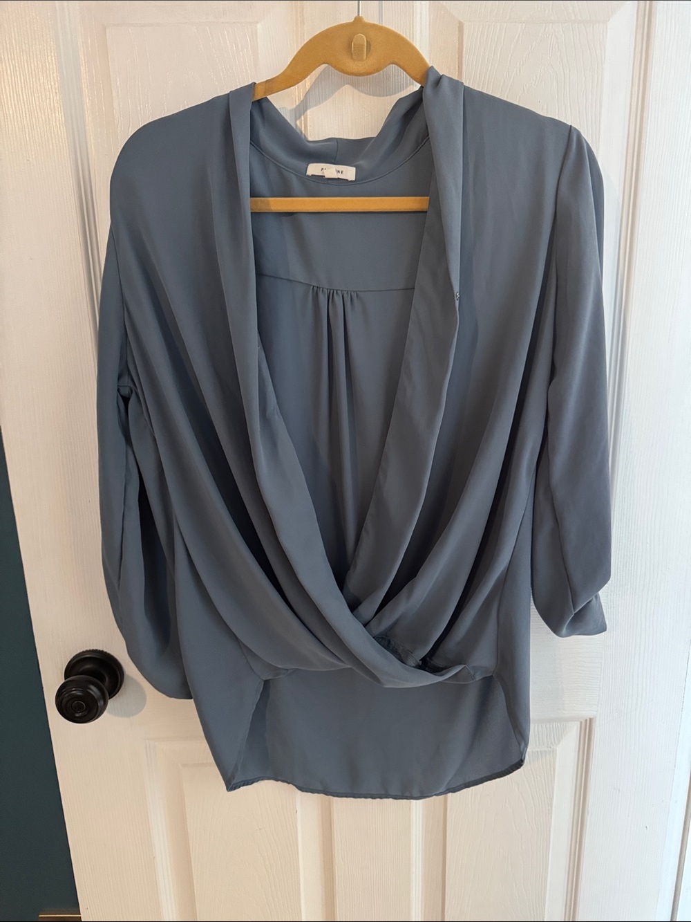 Pleione Slate Blue Draped Wrap Blouse with Three-Quarter Sleeves